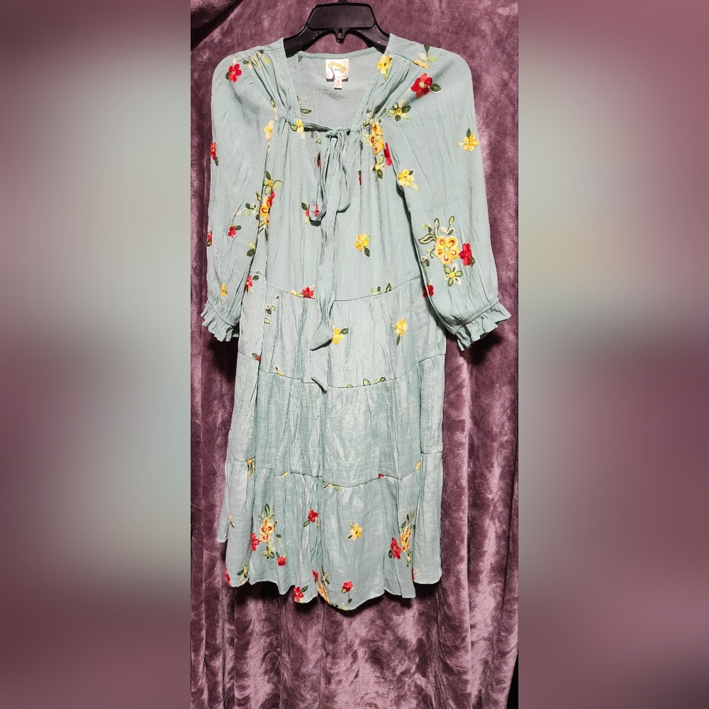 Fig and Flower Floral Embroidered Dress - Aqua with Red and Yellow Accents